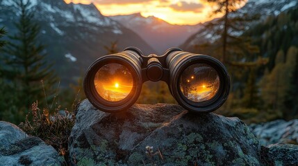 Binoculars focus on golden sunset over mountains