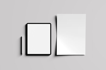 Tablet device and Flyer blank sheets of a4 paper size or documents mockup on a gray background. Template for design blank paper sheets	