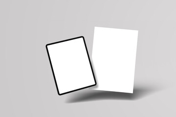 Tablet device and Flyer blank sheets of a4 paper size or documents mockup on a gray background. Template for design blank paper sheets	