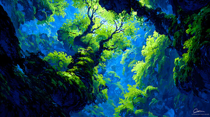 garden with floating rocks, glowing light beams, and cosmic wind