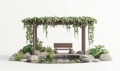 Serene garden bench under vine-covered pergola, tranquil pond scene