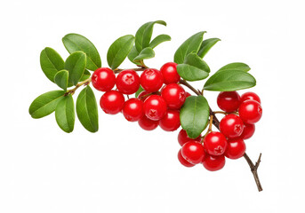 Cranberry branch with ripe fruits and leaves isolated on white
