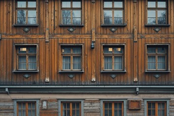 Vintage Wooden Apartment Building Exterior with Small Windows and Rustic Features