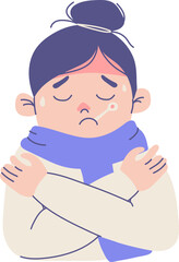 Hand-Drawn Woman Vector: Feeling Cold and Shivering using Shawl and thermometer