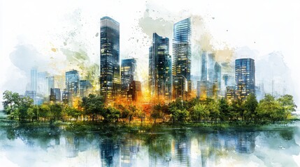 Obraz premium Watercolor Cityscape at Sunrise Modern Buildings Reflected in Calm Water