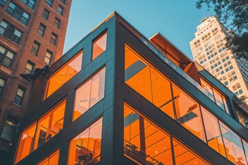 Vibrant Urban Corner Building Featuring Sunlit Orange Square Accents in Bustling City Landscape