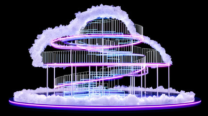 above clouds, lit by glowing rings and suspended structures