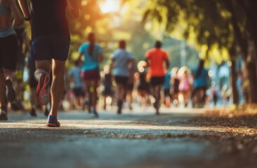 Marathon runners racing on city street path