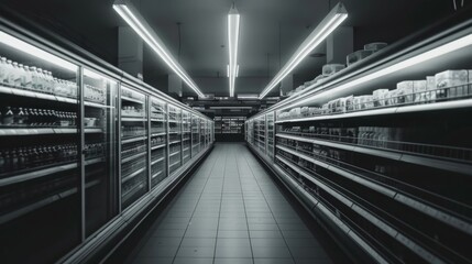 Obraz premium Supermarket or Shop Backrooms creepy three dimensional design. Liminal space abstract interior. Alone in abandoned building 3d render illustration, nightmare or a bad dream. Game concept