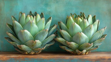 Fototapeta premium Two fresh artichokes on a teal wooden surface