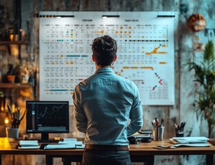 Focused man reviewing a large whiteboard with project schedules and charts in a modern home office