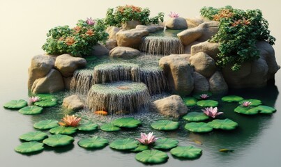 Serene Waterfall Garden Pond, Koi Fish, Plants, Relaxation, Design