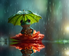 Cute  green fron on a flower holding an umberella 