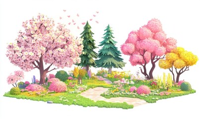 Spring garden path, blossom trees, flowers, illustration