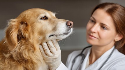 the image features a light coated dog with long fur being examined by a caregiver. the caregiver, dressed in a white coat and gloves, gently touches the dog's throat