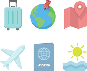 Travel and Vacation Icons Set – Suitcase, Globe, Map, Airplane, Passport, and Sun, vacation, rest