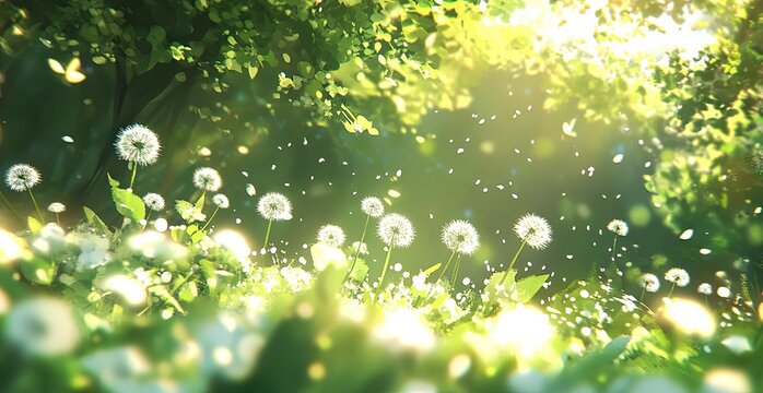 Fototapeta Sunlit meadow with dandelions
