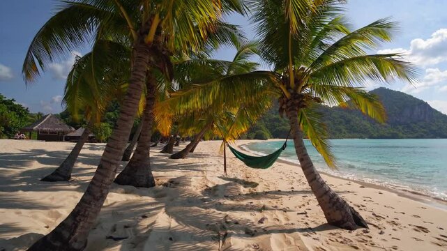A serene beach scene featuring a hammock strung between palm trees, inviting relaxation and leisure. The image encapsulates the essence of a perfect tropical getaway.