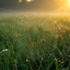 Morning Dew Spider Web Glowing in Sunlight Over Green Grass
