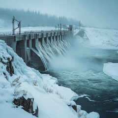 Fototapeta premium Frozen landscape at a dam with flowing water under a cloudy sky in winter
