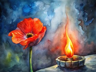 Reflecting on sacrifice through a red poppy flower and eternal flame memorial in tribute