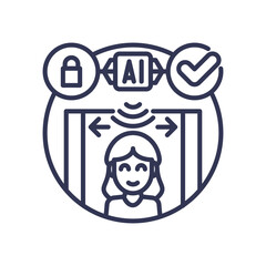 Illustration of biometric access with AI, lock, and checkmark symbols.