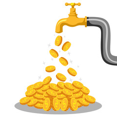 Illustration of money falling from a tap on a white background, a steady flow of investment generates financial gain. financial income concept.