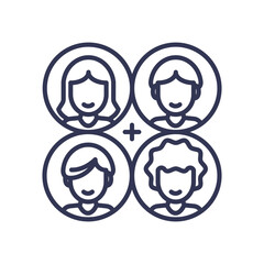 Four diverse faces in circles symbolize inclusivity and unity.
