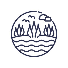 Stylized landscape with trees, birds, clouds, and water, symbolizing natural heritage.