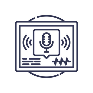 Microphone and sound waves on a screen symbolize medical dictation technology.