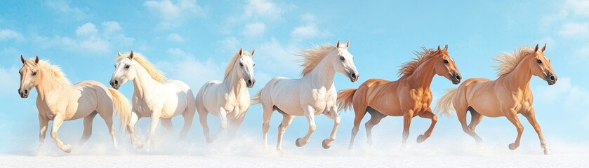 Fototapeta premium Galloping horses in a sunny meadow action shot nature scene vibrant sky dynamic movement
