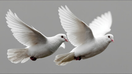 Obraz premium Two white doves flying gracefully against a gray background.