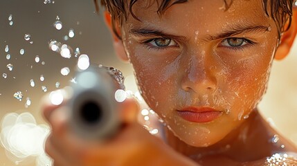 Boy aiming water gun, wet face, intense look