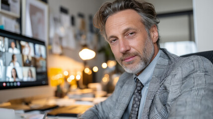 Fototapeta premium Professional man sitting in modern office, online meeting.