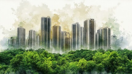 Obraz premium Watercolor Cityscape Emerging from Lush Green Forest