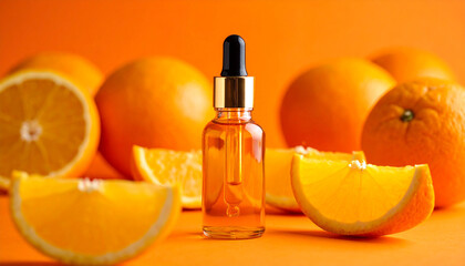 Bottle of natural vitamin C serum. Skincare essential oil product. Beauty concept.