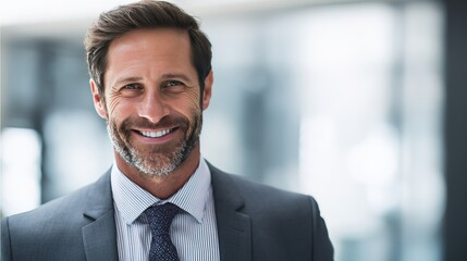 Fototapeta premium Confident business professional smiling, portrait in suit. Success and professionalism in the modern workplace.