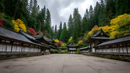 surrounded by shoji screens, minimalist stone layout, and a gentle breeze moving the trees