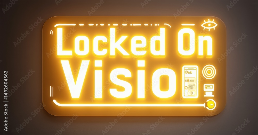 Aufkleber bright neon sign displays locked on visio. rectangular shape features target graphic, remote control