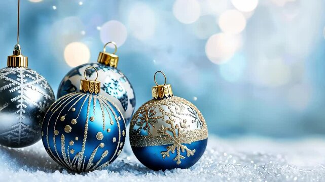 ornate blue and silver Christmas baubles arrangement on snow background with bokeh effect