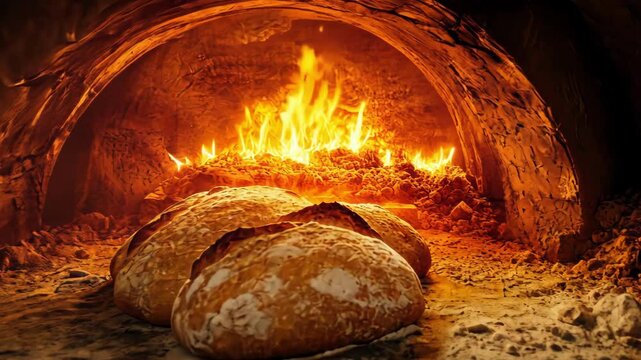 Three freshly baked bread loaves in brick oven with fire, flour on stone surface, baking process