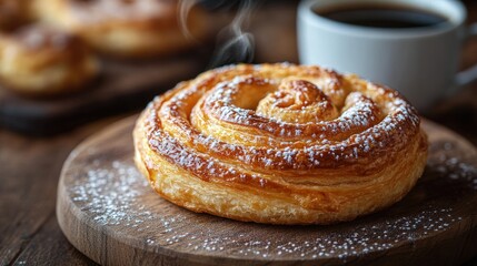 Fresh, sweet pastry swirl, dusted with powdered sugar, perfect with coffee
