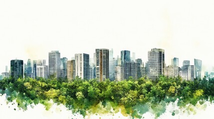 Obraz premium Watercolor Cityscape Emerging from Lush Greenery