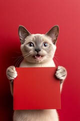 Cat photo ad. Kitten ad frame. &ETH;&iexcl;ute adult cat burmese hold in front paws a template - large red lane sign. Poster mockup cat. Isolated cat on a solid attire red background. Kitten on billboa.