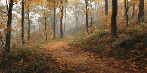 Obraz premium Serene Autumn Pathway through Colorful Forest with Vibrant Foliage and Misty Atmosphere in Peaceful Nature Setting