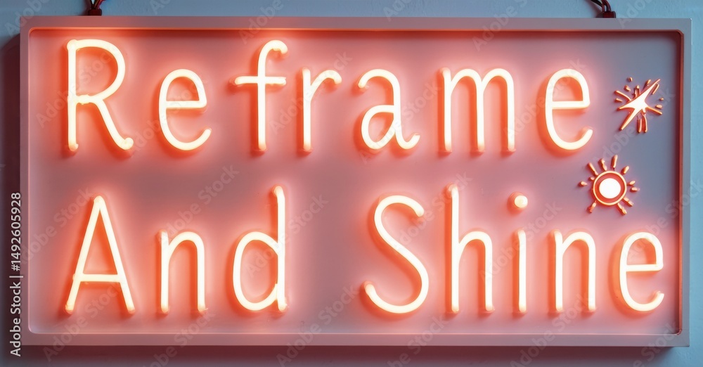 Poster Bright neon sign displays positive message. Words reframe and shine glow warmly against dark background. Sparkle icon adds visual interest.