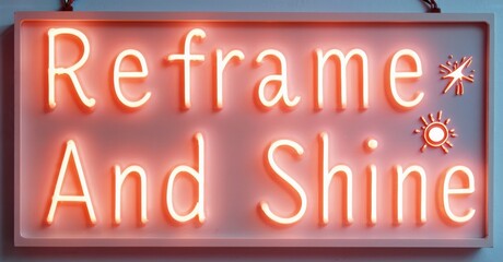 Bright neon sign displays positive message. Words reframe and shine glow warmly against dark background. Sparkle icon adds visual interest.
