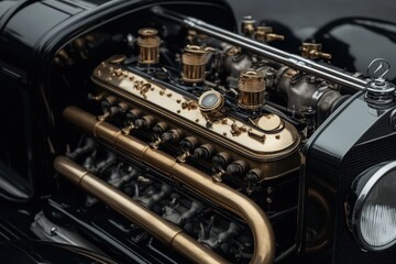 Close-up of a vintage car engine, showcasing intricate gold-toned components