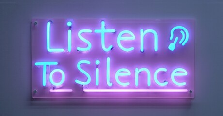 Neon sign displays text Listen To Silence. Purple glow illuminates words, creating vibrant visual impact. Simple, modern aesthetic.