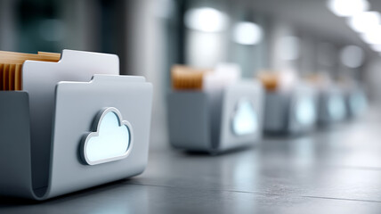 Cloud storage icons on file folders in a modern office setting.